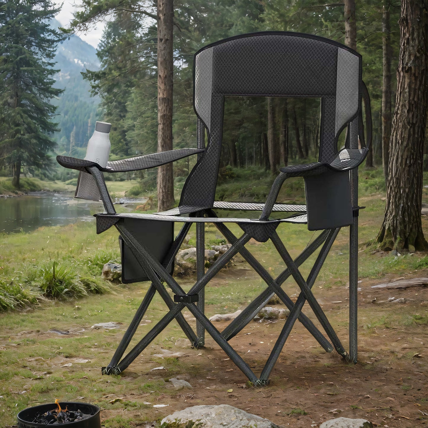 Folding Camping Chair with Adjustable Armrests and Cooler Bag, 352 lb Weight Capacity, Breathable Mesh Design, Ink Black