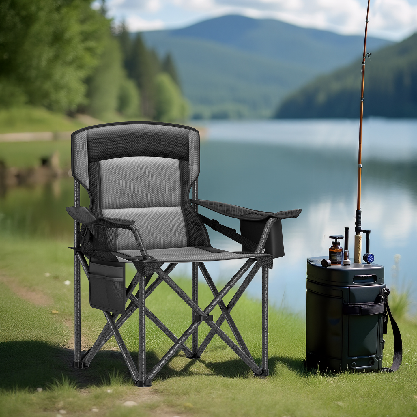 Oversized Folding Camping Chair with Cooler Bag, Adjustable Lumbar Support and Armrests, Heavy-Duty 450 lb Capacity, Ink Black
