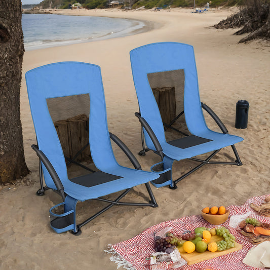 Set of 2 Heavy-Duty Portable Beach Chairs, 330lb Capacity Each with High Backrest & Cup Holder, Lightweight Foldable for Outdoor Use, Light Blue