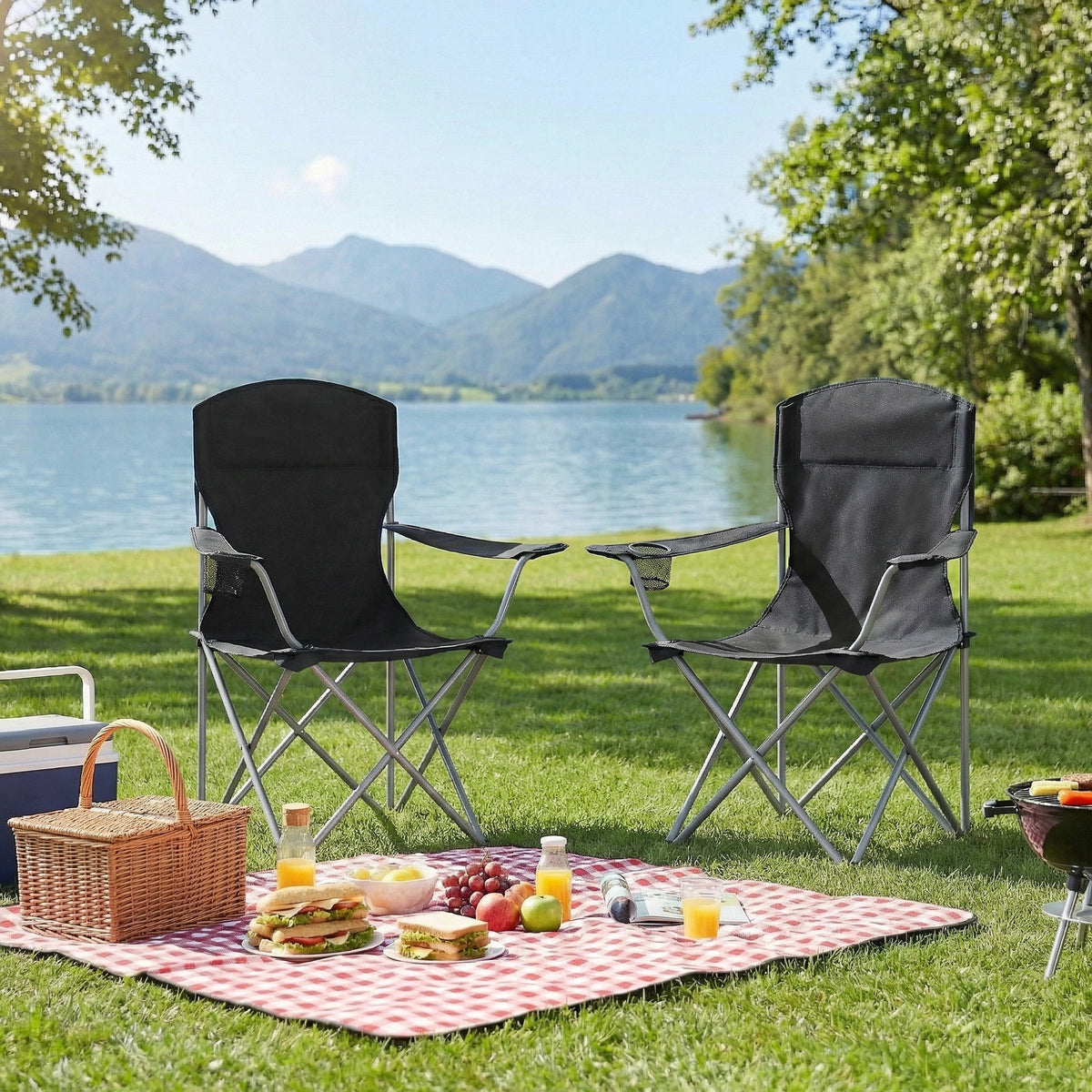 2-Pack Collapsible Camp Chairs, Heavy-Duty Outdoor Seating with Drink Holder, 330 lb Capacity, Portable for Garden Fishing, Black