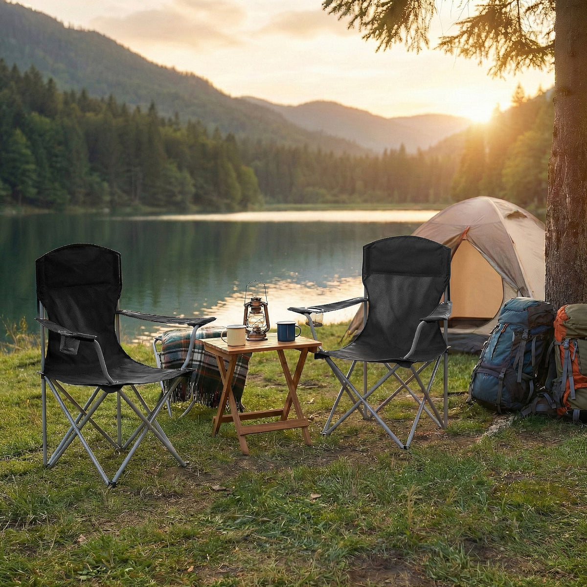 2-Pack Collapsible Camp Chairs, Heavy-Duty Outdoor Seating with Drink Holder, 330 lb Capacity, Portable for Garden Fishing, Black