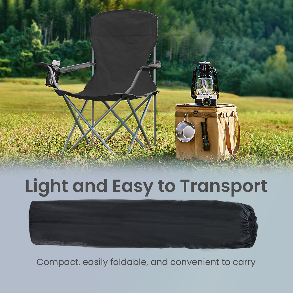2-Pack Collapsible Camp Chairs, Heavy-Duty Outdoor Seating with Drink Holder, 330 lb Capacity, Portable for Garden Fishing, Black