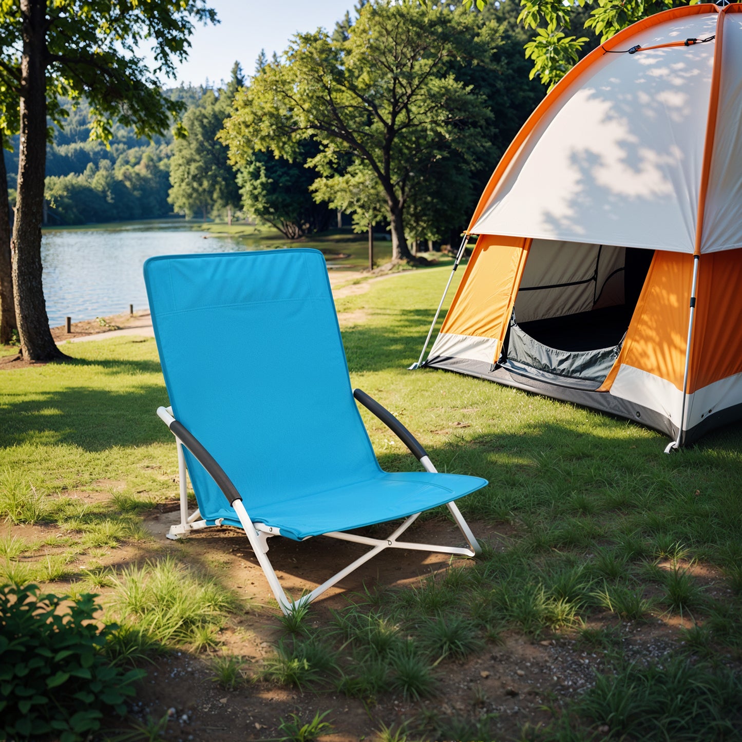 Heavy-Duty Portable Outdoor Chair with High Backrest & Cup Holder, Supports 330 lb, Folding Design with Carry Bag, Light Blue
