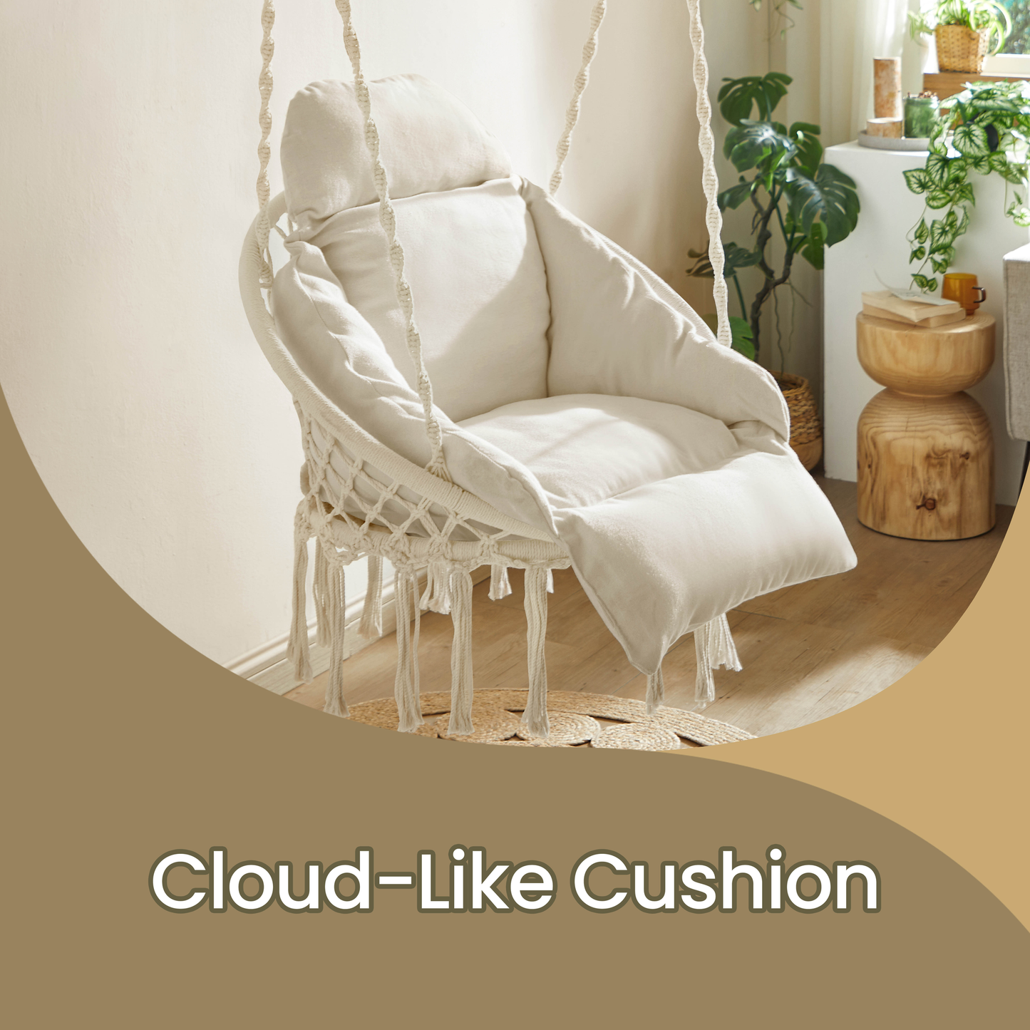Boho Hanging Chair with Large Thick Cushion, Hammock Swing Chair for Bedroom, Patio and Balcony, Holds 264 lb, Cream White