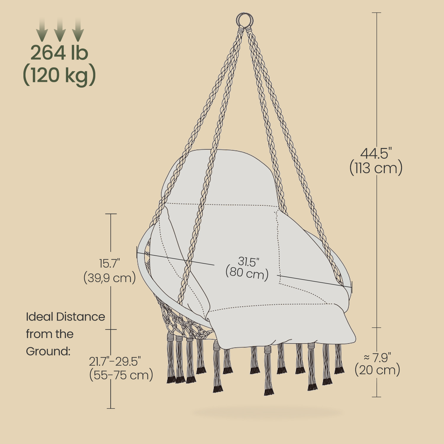 Boho Hanging Chair with Large Thick Cushion, Hammock Swing Chair for Bedroom, Patio and Balcony, Holds 264 lb, Cream White