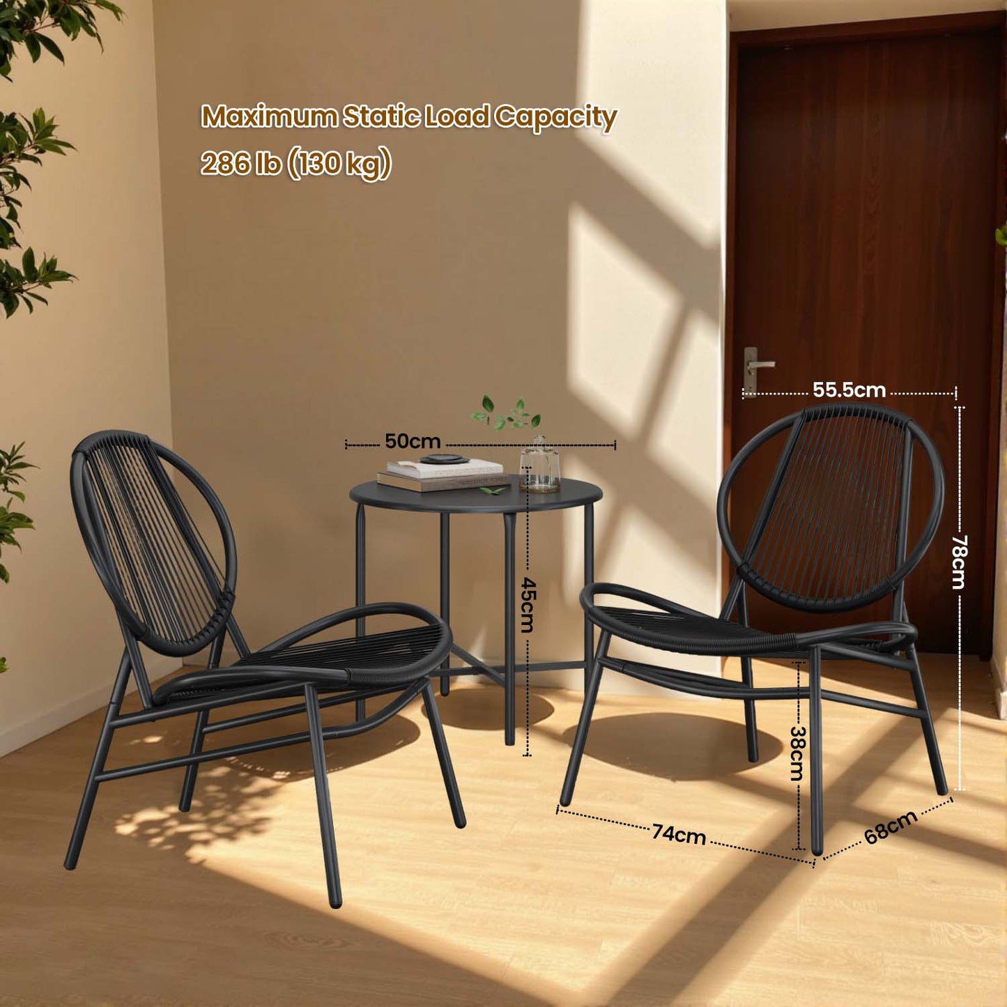 3-Piece Acapulco Bistro Set, 2 Chairs & Side Table, 286lb Capacity, Indoor, Outdoor Patio Furniture for Balcony, Ink Black