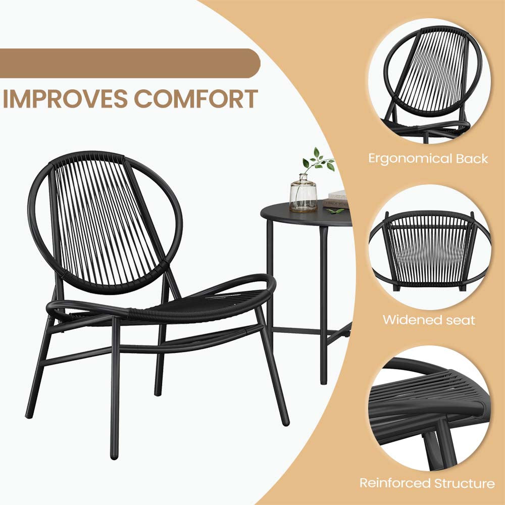 3-Piece Acapulco Bistro Set, 2 Chairs & Side Table, 286lb Capacity, Indoor, Outdoor Patio Furniture for Balcony, Ink Black