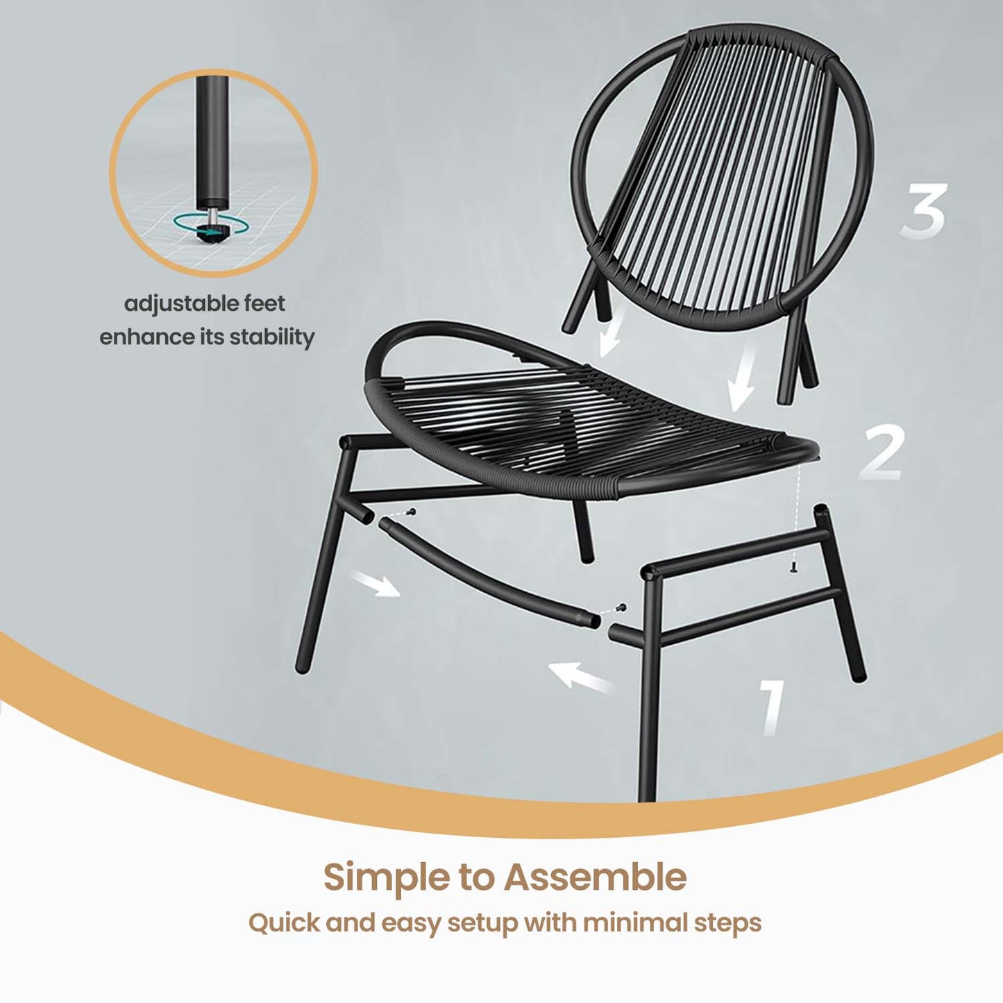 3-Piece Acapulco Bistro Set, 2 Chairs & Side Table, 286lb Capacity, Indoor, Outdoor Patio Furniture for Balcony, Ink Black