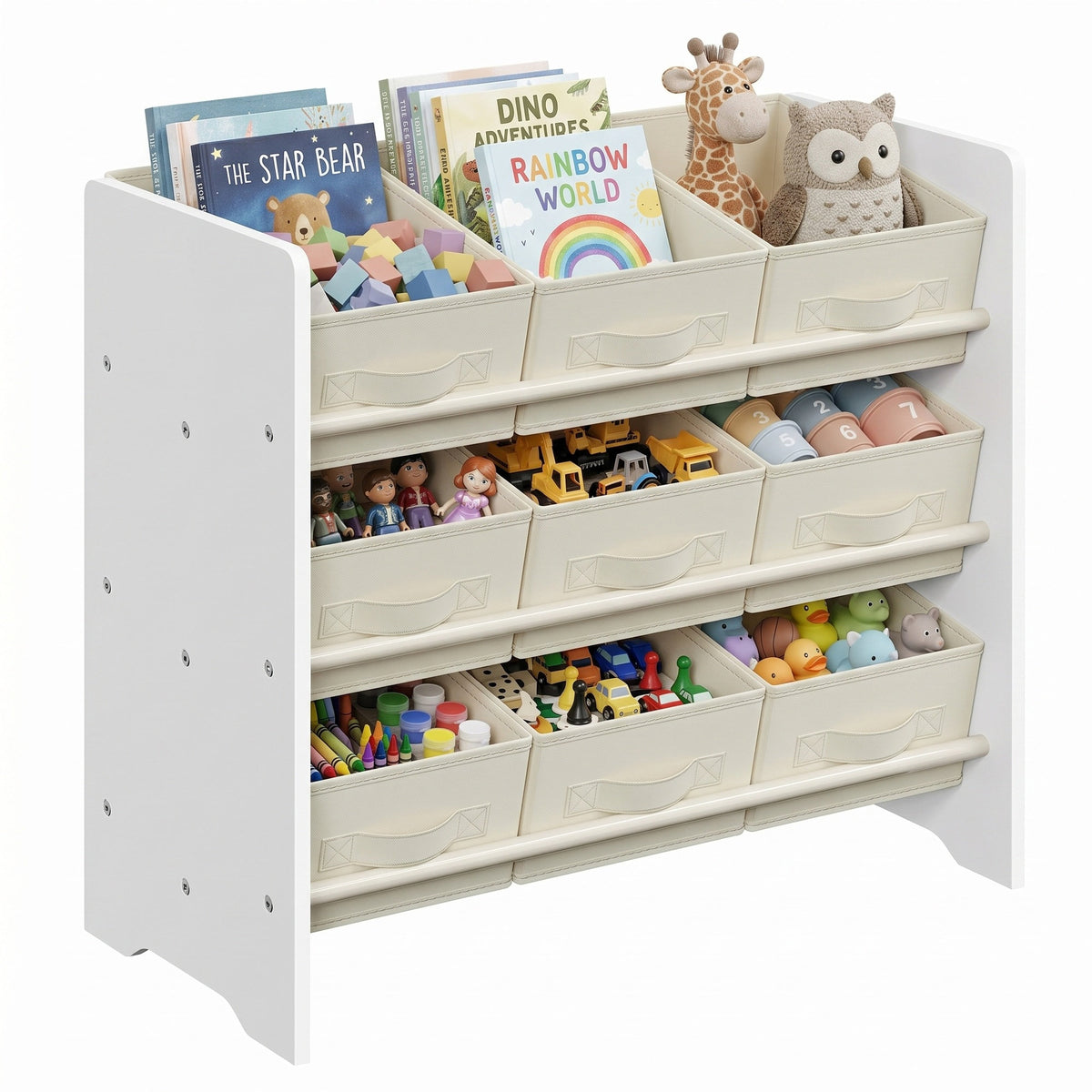 Toy Organiser, Kid Toy Shelf with 9 Non-Woven Fabric Boxes, for Children's Room and Playroom, Spacious, 29.5 x 62.5 x 60 cm, White