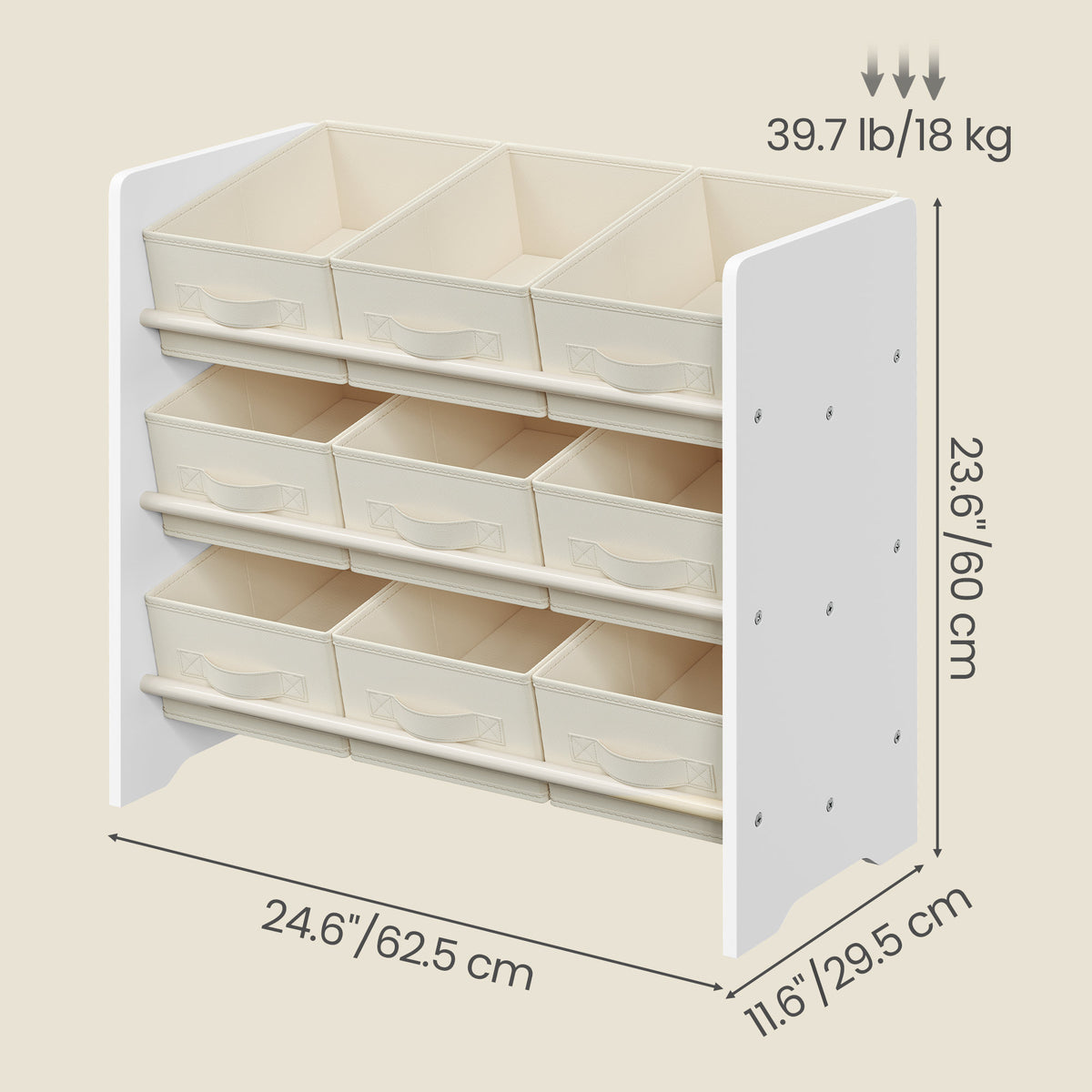 Toy Organiser, Kid Toy Shelf with 9 Non-Woven Fabric Boxes, for Children's Room and Playroom, Spacious, 29.5 x 62.5 x 60 cm, White