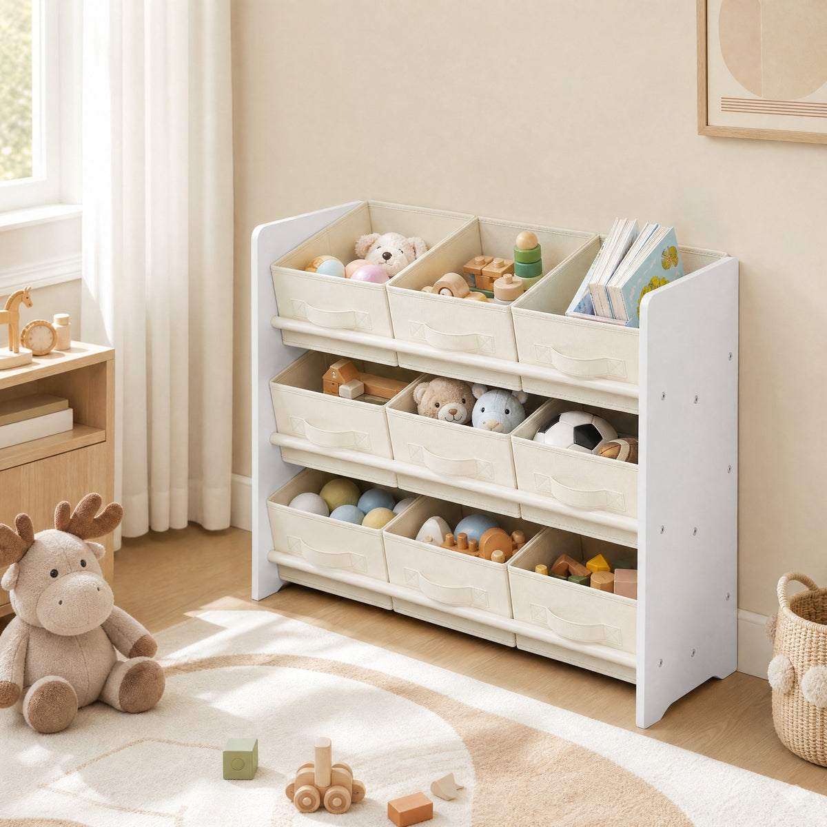 Toy Organiser, Kid Toy Shelf with 9 Non-Woven Fabric Boxes, for Children's Room and Playroom, Spacious, 29.5 x 62.5 x 60 cm, White