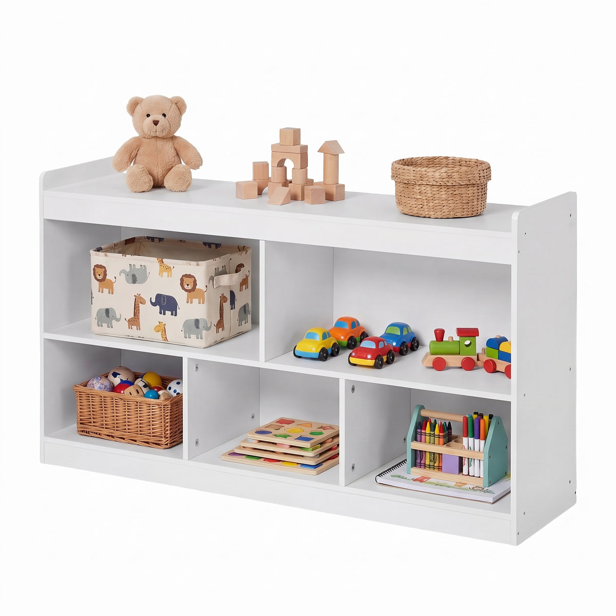 Montessori Storage Shelf with 5 Open Compartments for Playroom, 44.2 x 11.8 x 25.6 Inches, White