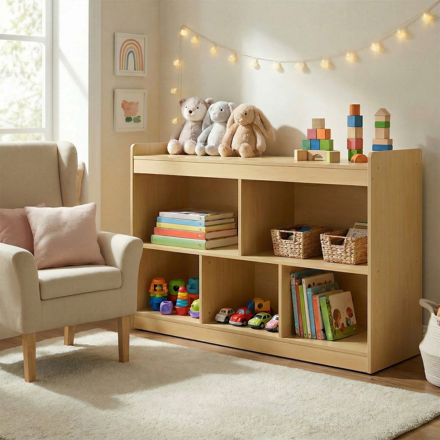Montessori Kids' Toy Storage Shelf with 5 Open Compartments for Playroom, 44.2 x 11.8 x 25.6 Inches, Yellow