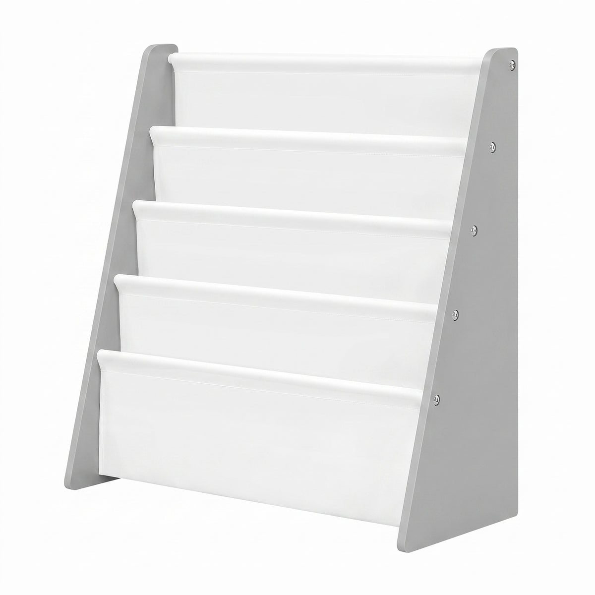 LEDREM Kids Bookshelf, 4-Tier Fabric Sling Bookcase for Playroom, 24.6 x 9.8 x 23.6 Inches, Gray and White