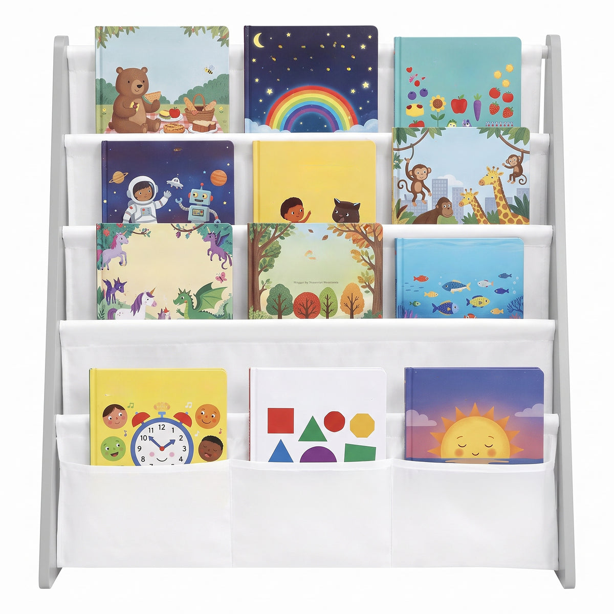 LEDREM Kids Bookshelf, 4-Tier Fabric Sling Bookcase for Playroom, 24.6 x 9.8 x 23.6 Inches, Gray and White