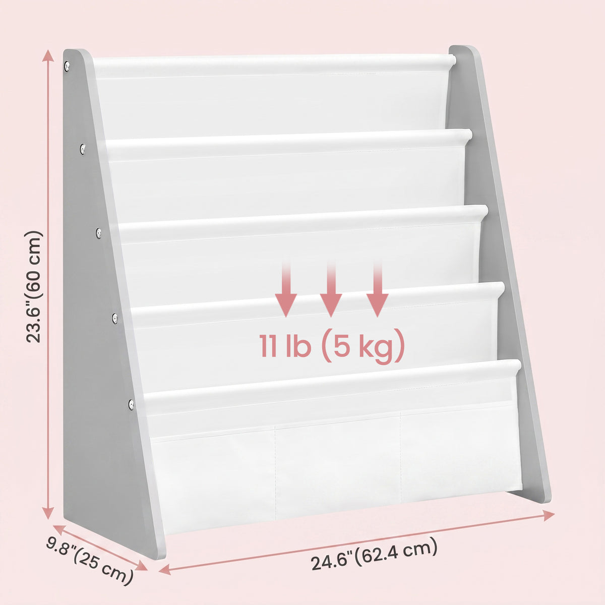 LEDREM Kids Bookshelf, 4-Tier Fabric Sling Bookcase for Playroom, 24.6 x 9.8 x 23.6 Inches, Gray and White