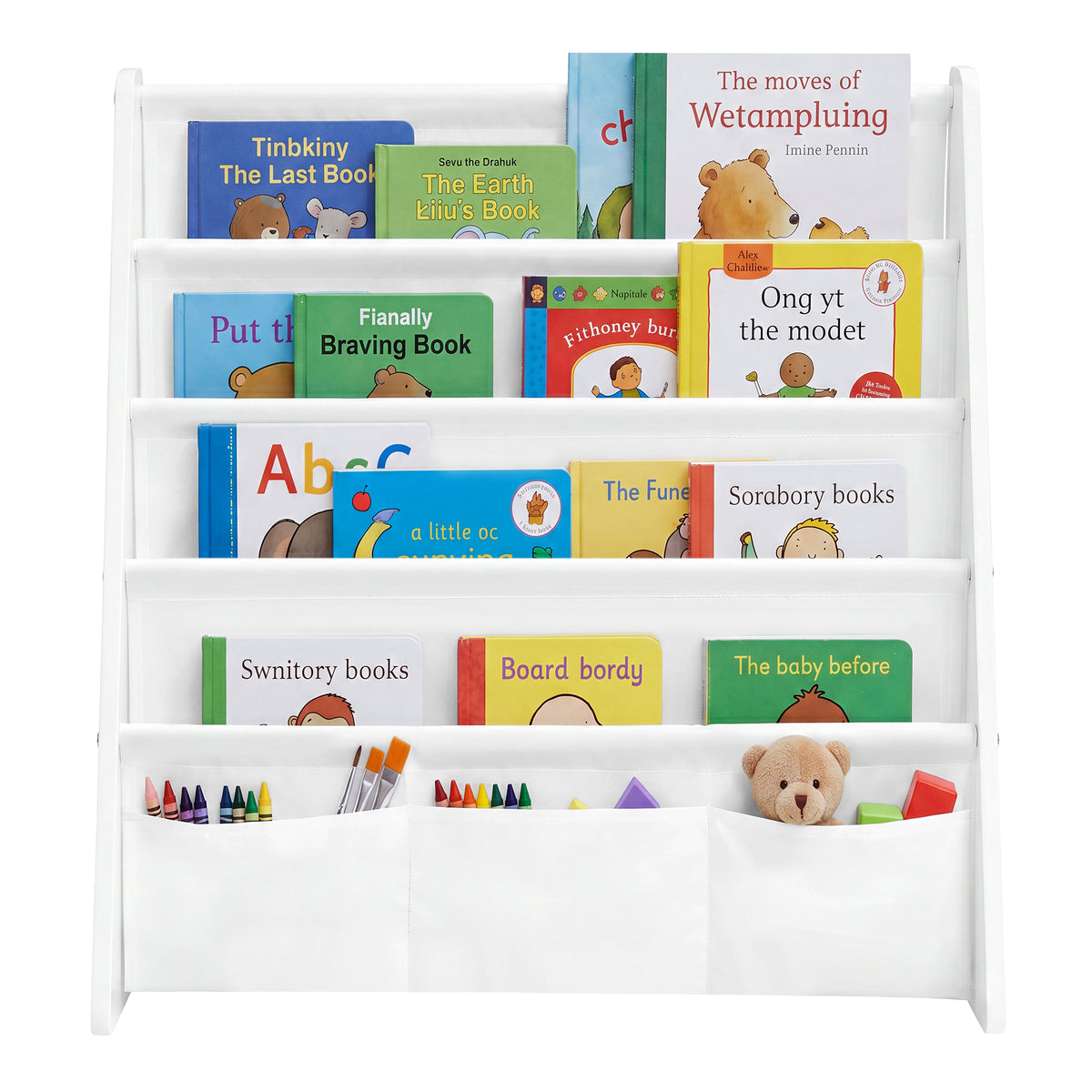 LEDREM Kids Bookshelf, 4-Tier Fabric Sling Bookcase for Playroom, 24.6 x 9.8 x 23.6 Inches, White