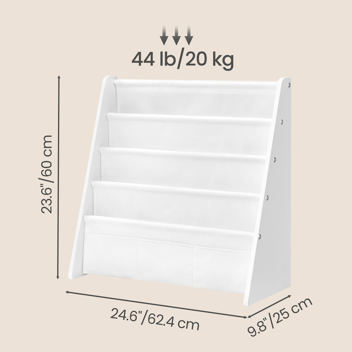 LEDREM Kids Bookshelf, 4-Tier Fabric Sling Bookcase for Playroom, 24.6 x 9.8 x 23.6 Inches, White