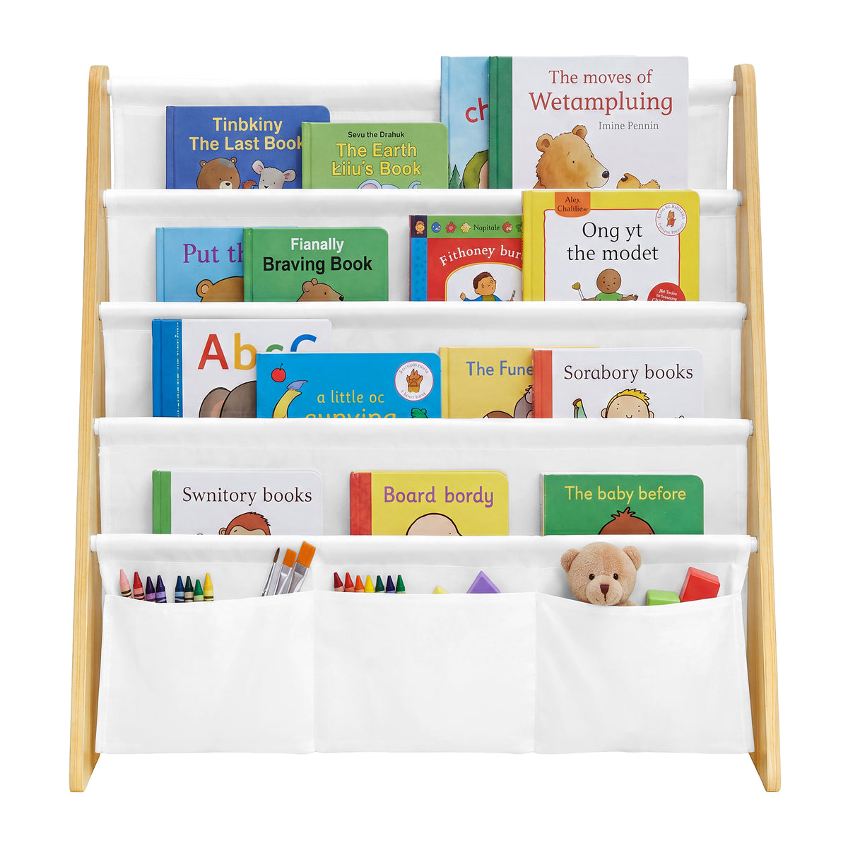 LEDREM Kids Bookshelf, 4-Tier Fabric Sling Bookcase for Playroom, 24.6 x 9.8 x 23.6 Inches, Yellow and White