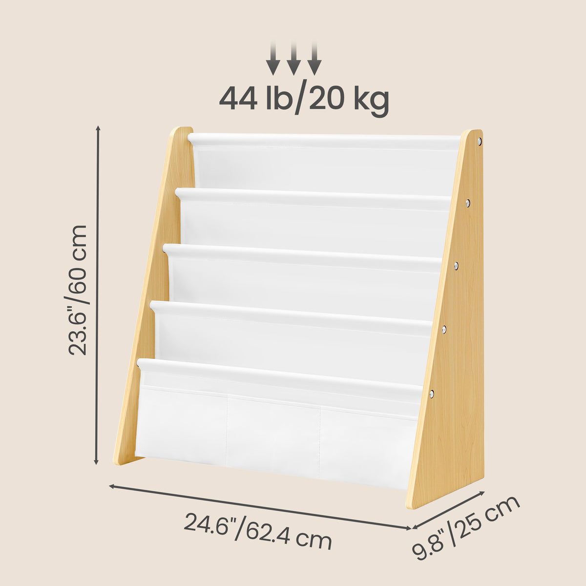 LEDREM Kids Bookshelf, 4-Tier Fabric Sling Bookcase for Playroom, 24.6 x 9.8 x 23.6 Inches, Yellow and White