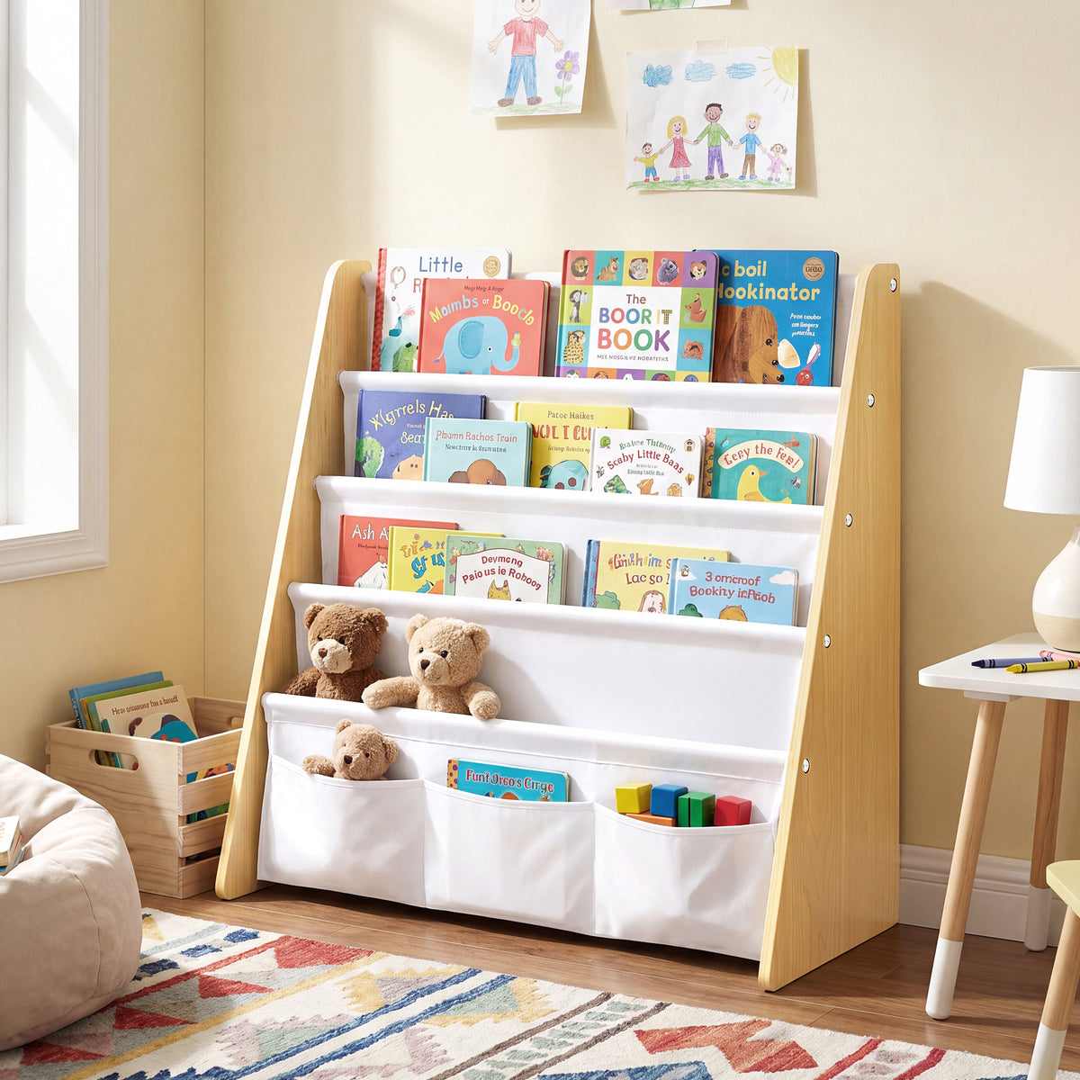 LEDREM Kids Bookshelf, 4-Tier Fabric Sling Bookcase for Playroom, 24.6 x 9.8 x 23.6 Inches, Yellow and White
