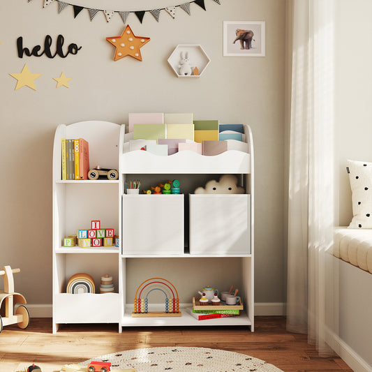 3-in-1 Kids Bookshelf & Toy Organizer with 2 Storage Bins, Multi-Functional Storage Rack for Bedroom, Playroom, Nursery,Cloud White