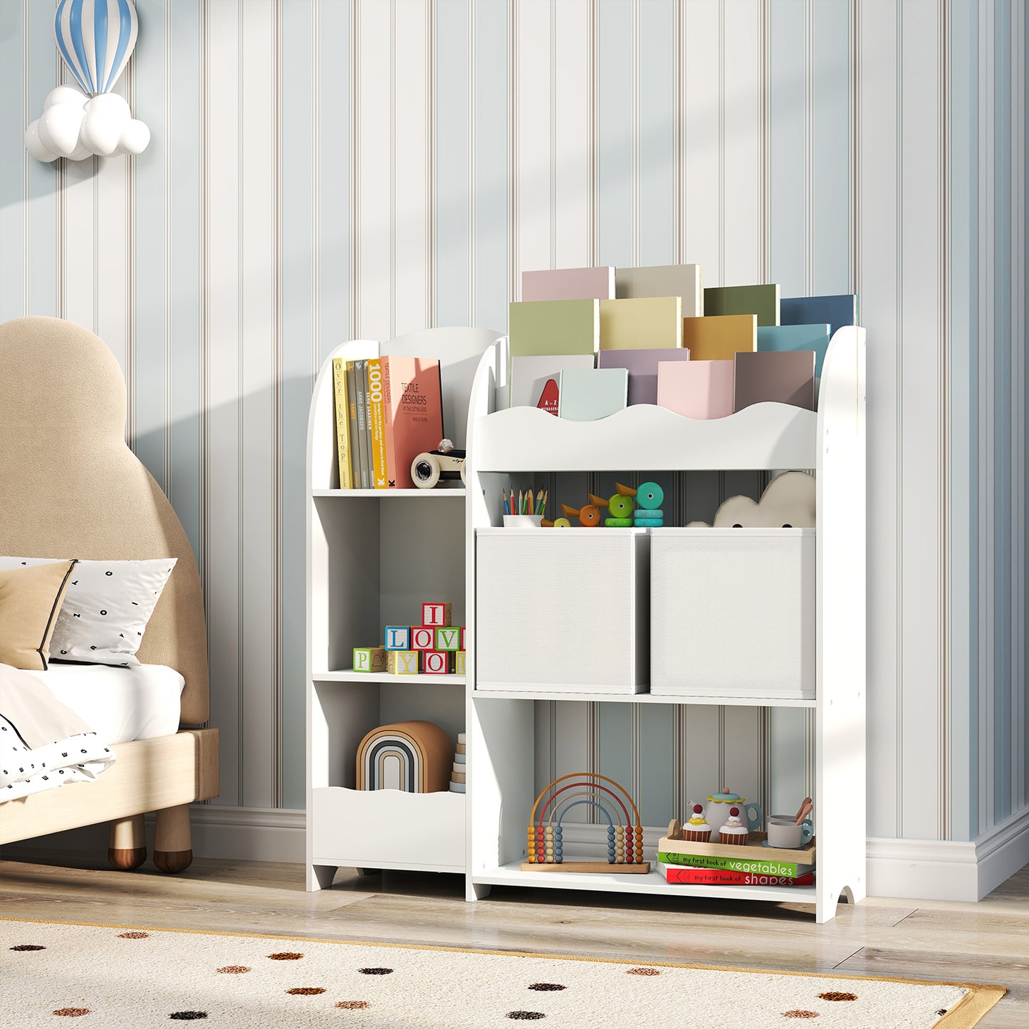 3-in-1 Kids Bookshelf & Toy Organizer with 2 Storage Bins, Multi-Functional Storage Rack for Bedroom, Playroom, Nursery,Cloud White