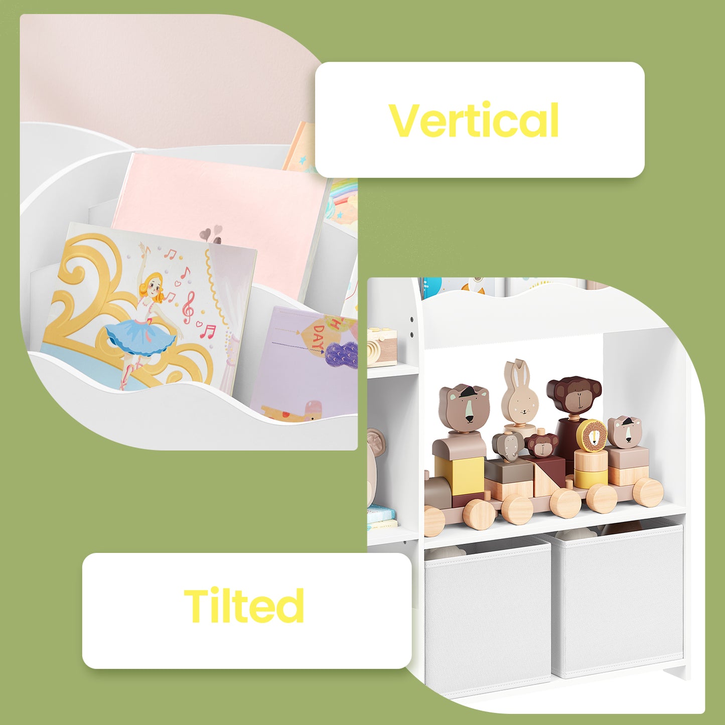 3-in-1 Kids Bookshelf & Toy Organizer with 2 Storage Bins, Multi-Functional Storage Rack for Bedroom, Playroom, Nursery,Cloud White