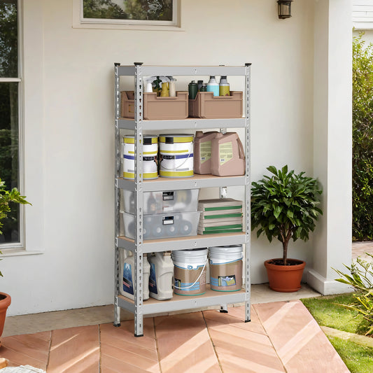 5-Tier Heavy-Duty Storage Shelves, 2310 lb Capacity, Garage，Basement Use, Boltless Adjustable Shelving Unit, 11.8" x 29.5" x 59.1", Divisible into 2 Units, Silver & Beige