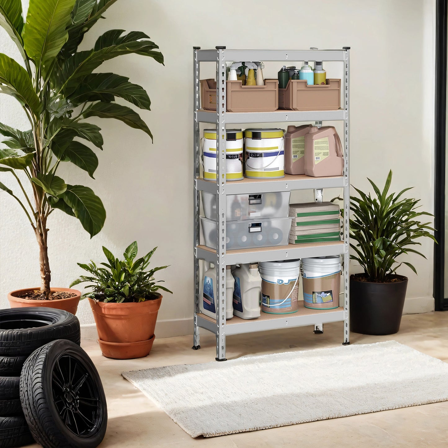 5-Tier Heavy-Duty Storage Shelves, 2310 lb Capacity, Garage，Basement Use, Boltless Adjustable Shelving Unit, 11.8" x 29.5" x 59.1", Divisible into 2 Units, Silver & Beige