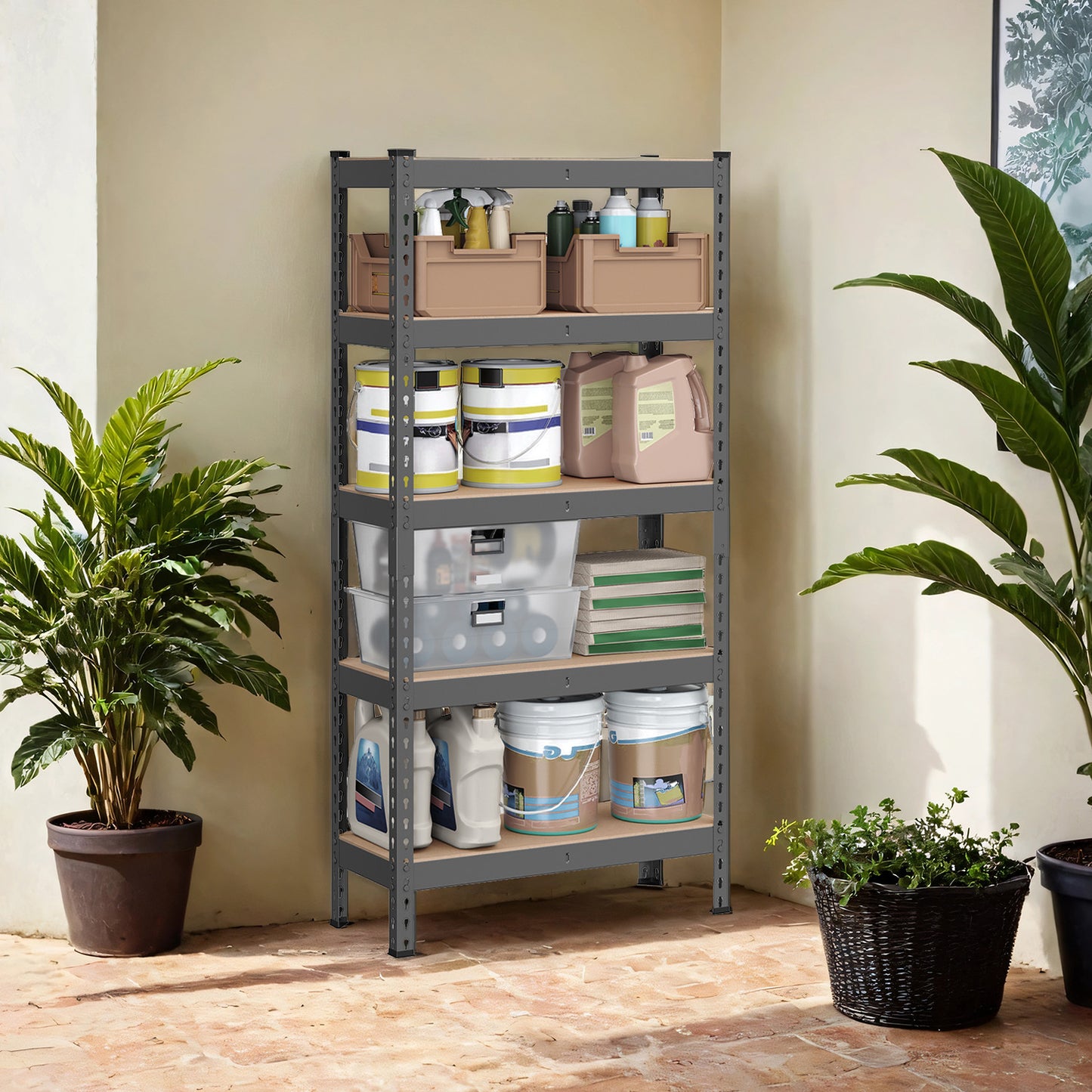 5-Tier Heavy Duty Storage Shelves, 2310 lb Capacity, Boltless Adjustable Shelving Unit, 11.8"x29.5"x59.1", for Garage Basement Study, 2-in-1 Design, Gray,Beige