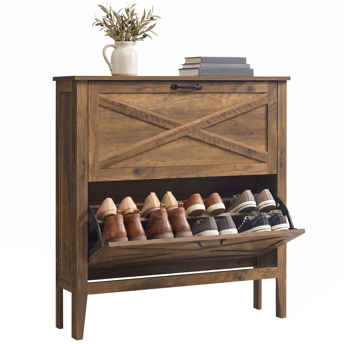 Farmhouse Shoe Storage Cabinet, Narrow Entryway Organizer with 2 Flip Drawers, Freestanding Rack Fits 12-16 Pairs, Honey Brown