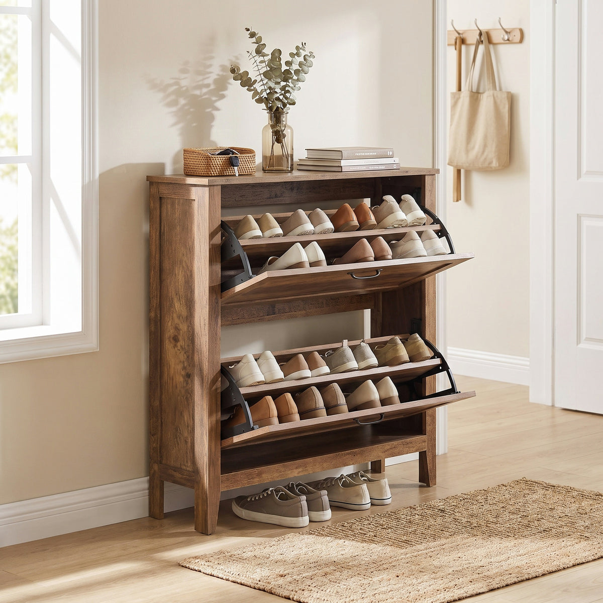 Farmhouse Shoe Storage Cabinet, Narrow Entryway Organizer with 2 Flip Drawers, Freestanding Rack Fits 12-16 Pairs, Honey Brown