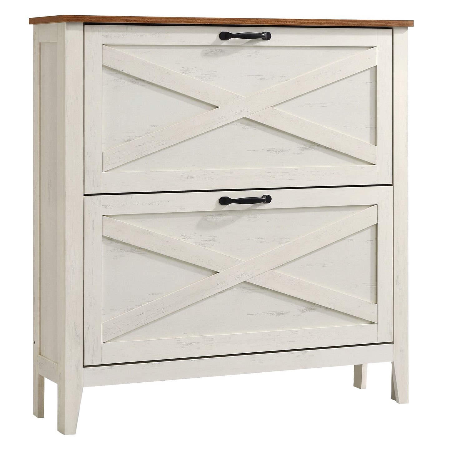 Farmhouse Shoe Storage Cabinet, Narrow Entryway Organizer with 2 Flip Drawers, Freestanding Rack Fits 12-16 Pairs, Rustic White