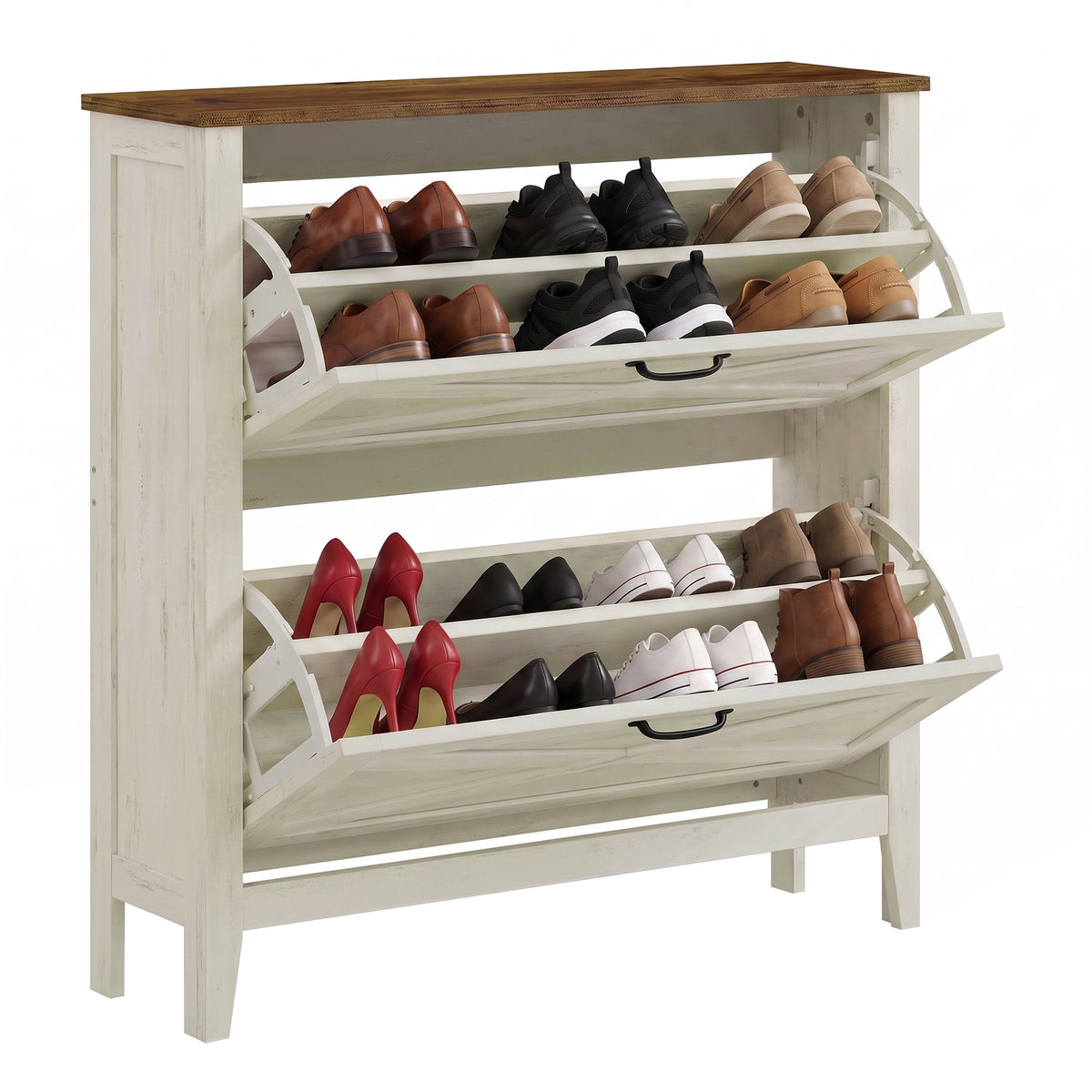 Farmhouse Shoe Storage Cabinet, Narrow Entryway Organizer with 2 Flip Drawers, Freestanding Rack Fits 12-16 Pairs, Rustic White