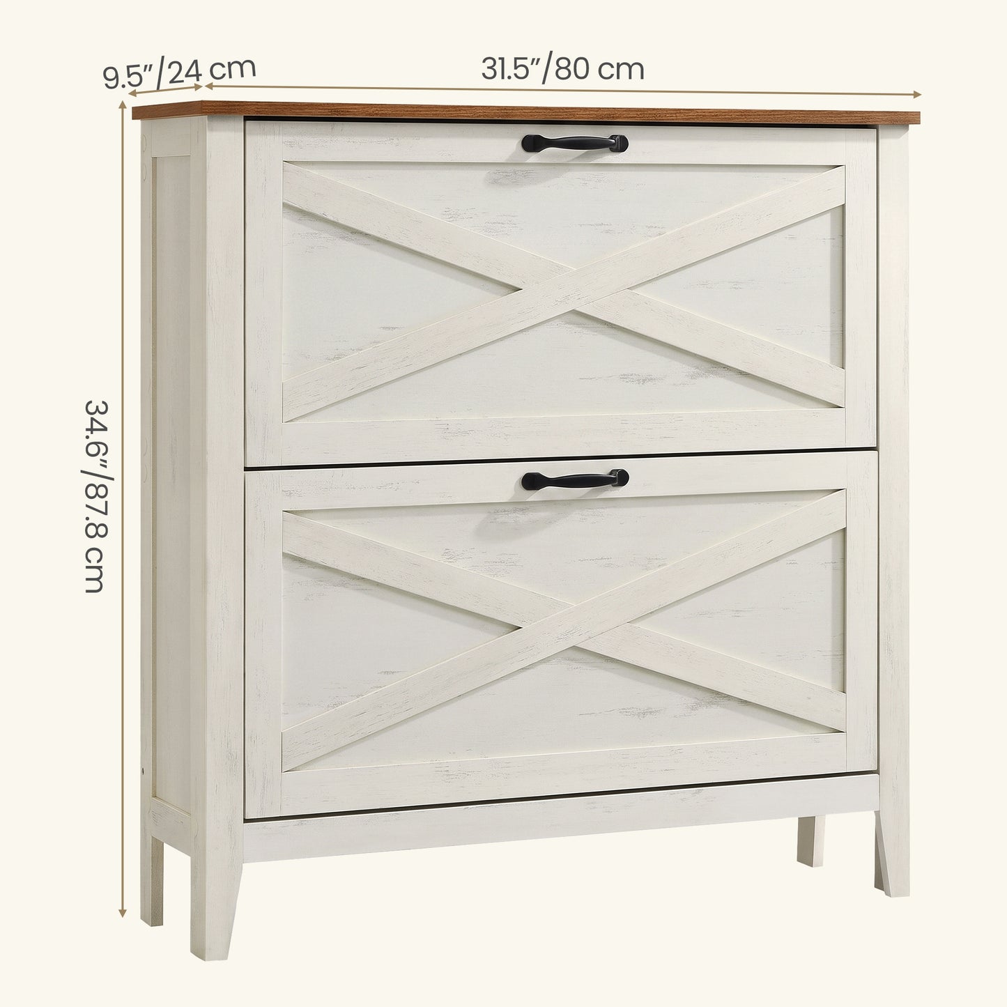 Farmhouse Shoe Storage Cabinet, Narrow Entryway Organizer with 2 Flip Drawers, Freestanding Rack Fits 12-16 Pairs, Rustic White