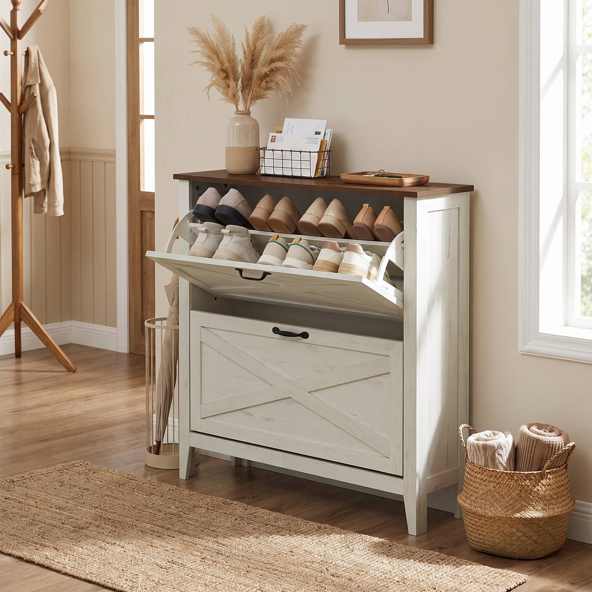 Farmhouse Shoe Storage Cabinet, Narrow Entryway Organizer with 2 Flip Drawers, Freestanding Rack Fits 12-16 Pairs, Rustic White