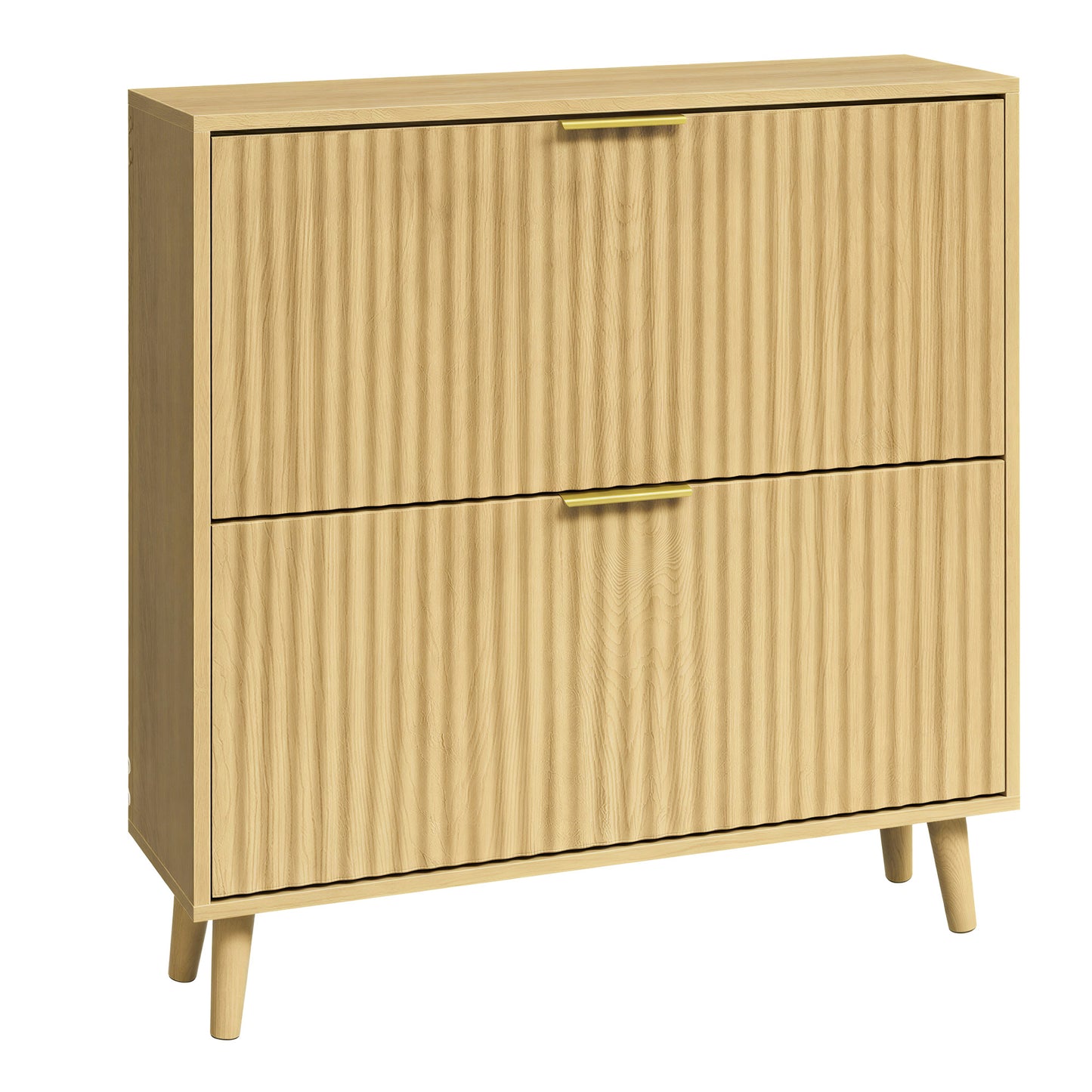 Shoe Storage Cabinet with 2 Flip Drawers, Narrow Entryway Organizer, Fluted Doors, Fits 12-16 Pairs, Mid Century Modern, Oak Beige