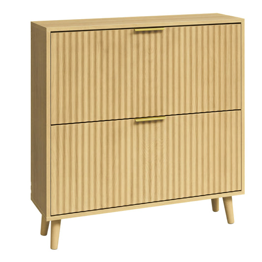 Shoe Storage Cabinet with 2 Flip Drawers, Narrow Entryway Organizer, Fluted Doors, Fits 12-16 Pairs, Mid Century Modern, Oak Beige