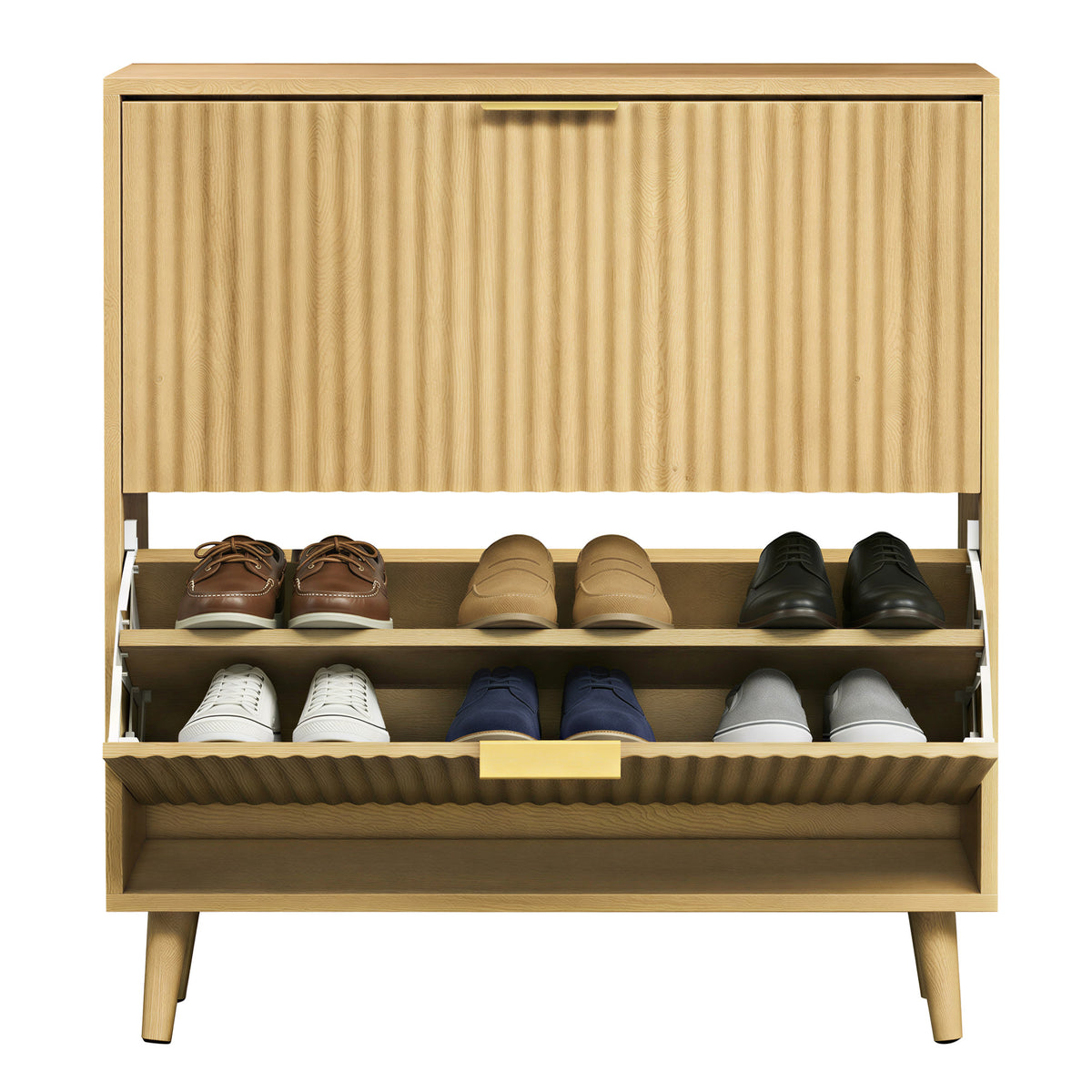 Shoe Storage Cabinet with 2 Flip Drawers, Narrow Entryway Organizer, Fluted Doors, Fits 12-16 Pairs, Mid Century Modern, Oak Beige