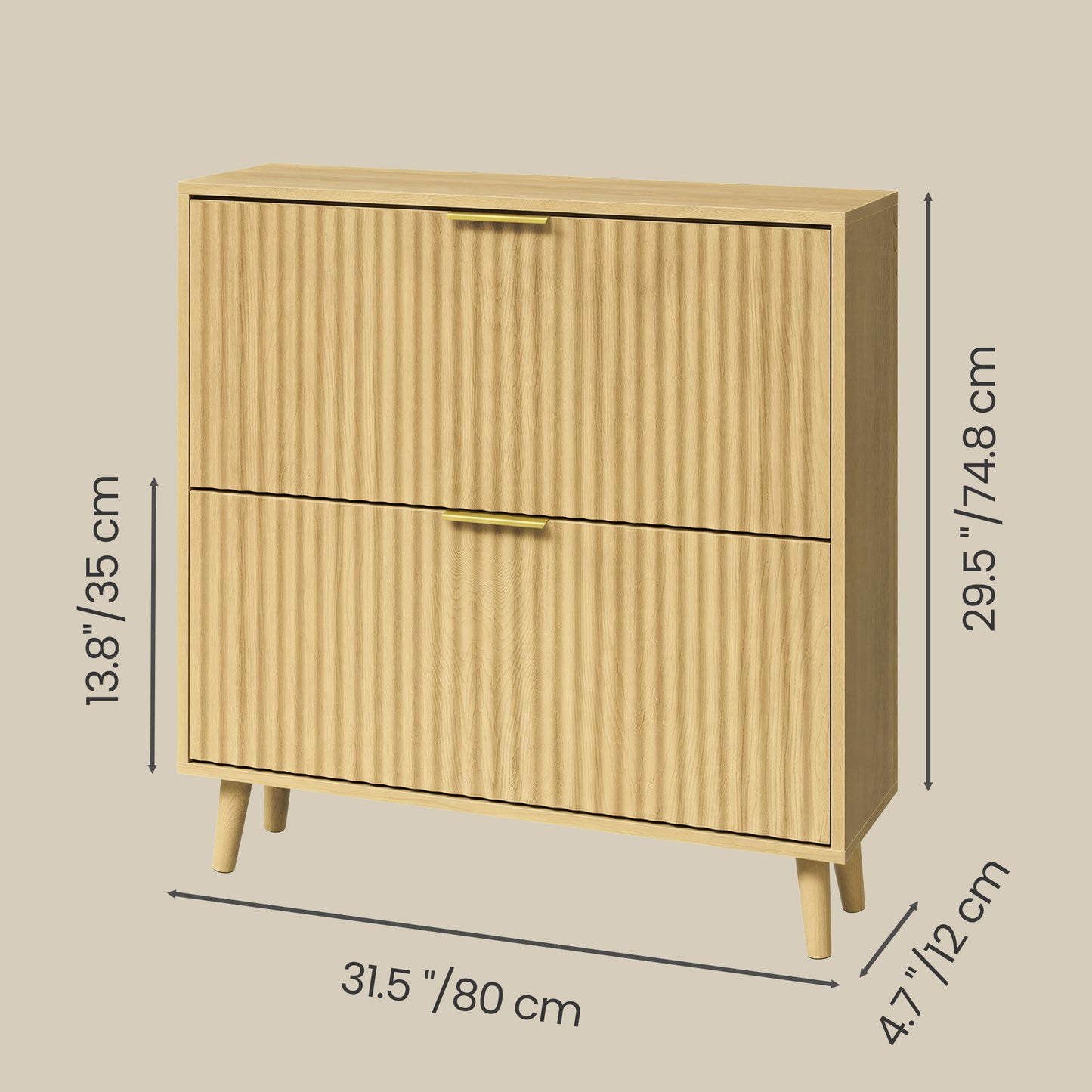 Shoe Storage Cabinet with 2 Flip Drawers, Narrow Entryway Organizer, Fluted Doors, Fits 12-16 Pairs, Mid Century Modern, Oak Beige