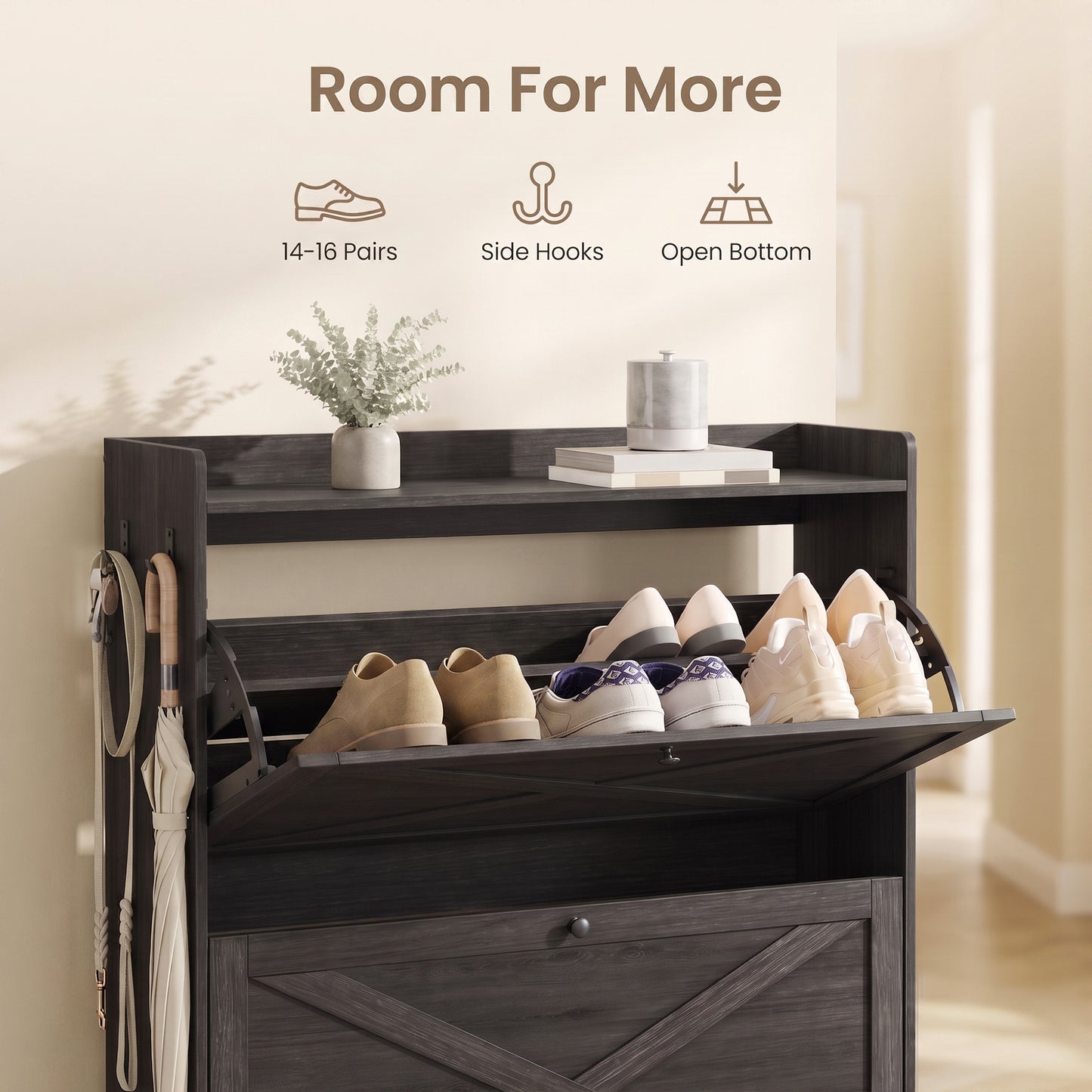 Freestanding Narrow Shoe Rack Cabinet, Shoe Storage Cabinet Organizer with 2 Flip Drawers, Fits 14 to 16 Pairs, Smoky Black