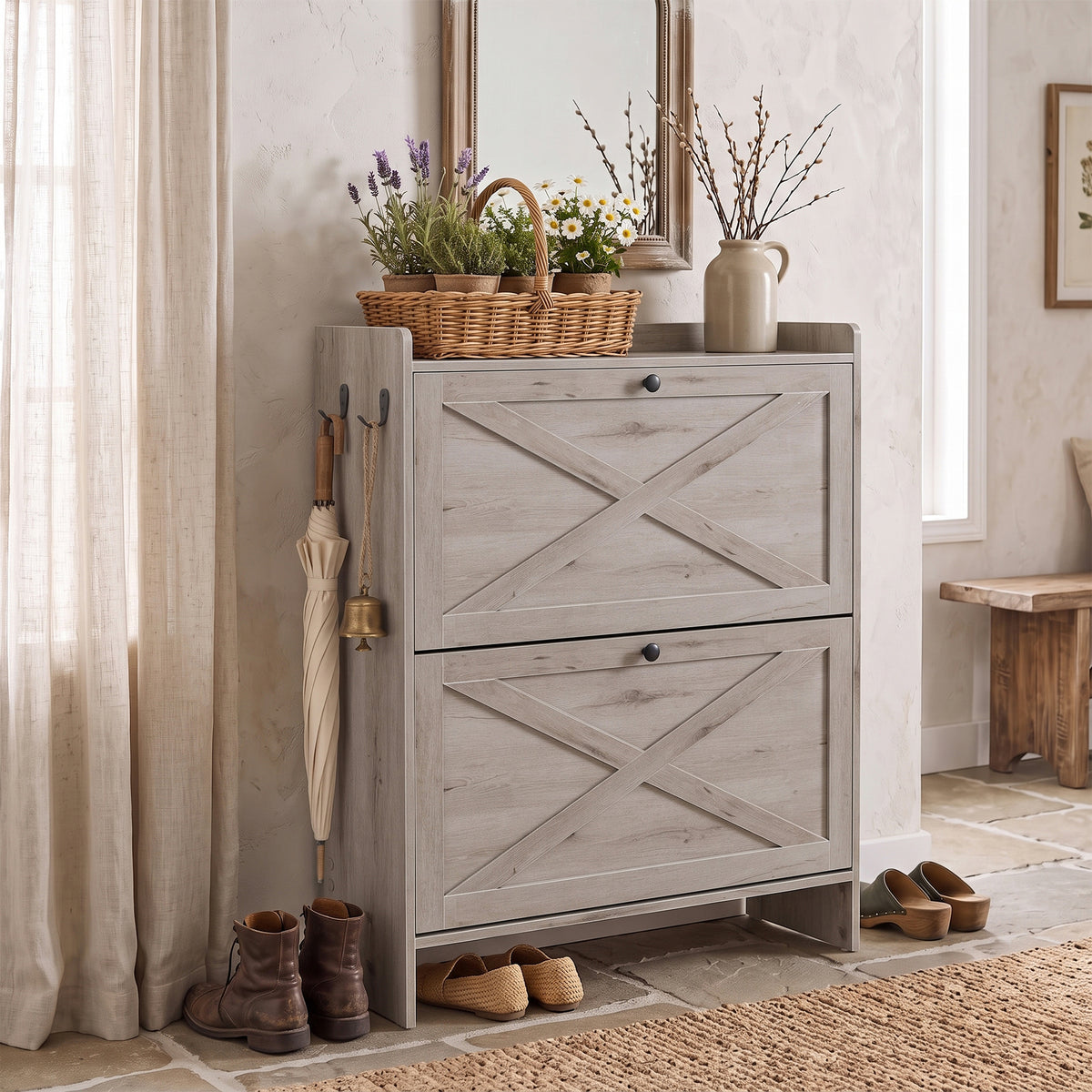 Freestanding Narrow Shoe Rack Cabinet, Shoe Storage Cabinet Organizer with 2 Flip Drawers, Fits 14 to 16 Pairs, Gray