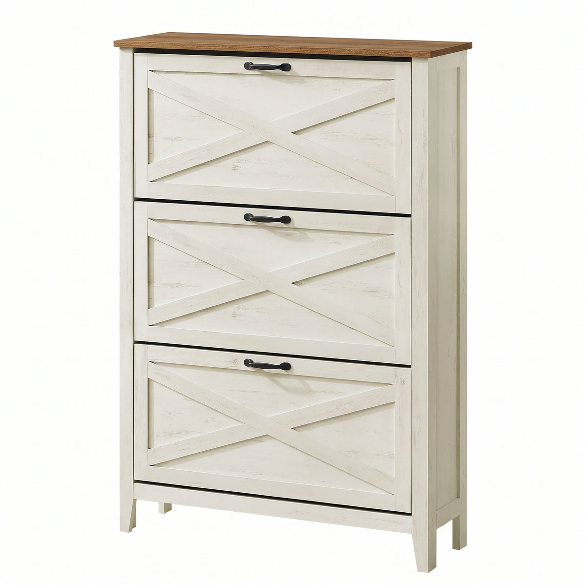 Farmhouse Shoe Storage Cabinet, Narrow Entryway Organizer with 3 Flip Drawers, Freestanding Rack Fits 18-24 Pairs, Rustic White