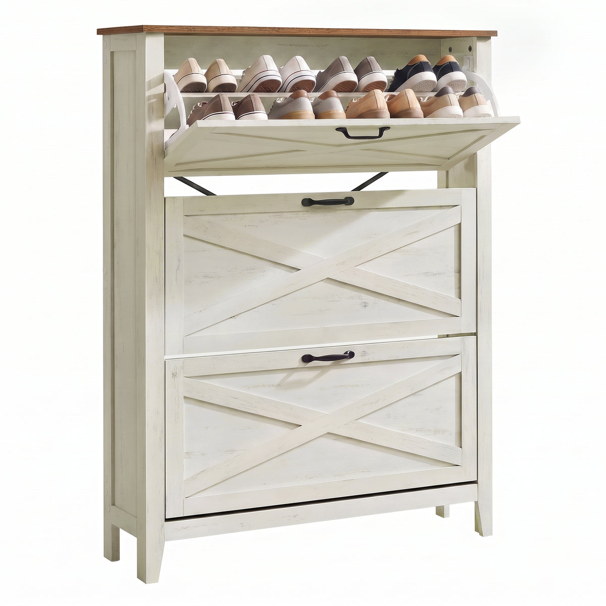 Farmhouse Shoe Storage Cabinet, Narrow Entryway Organizer with 3 Flip Drawers, Freestanding Rack Fits 18-24 Pairs, Rustic White