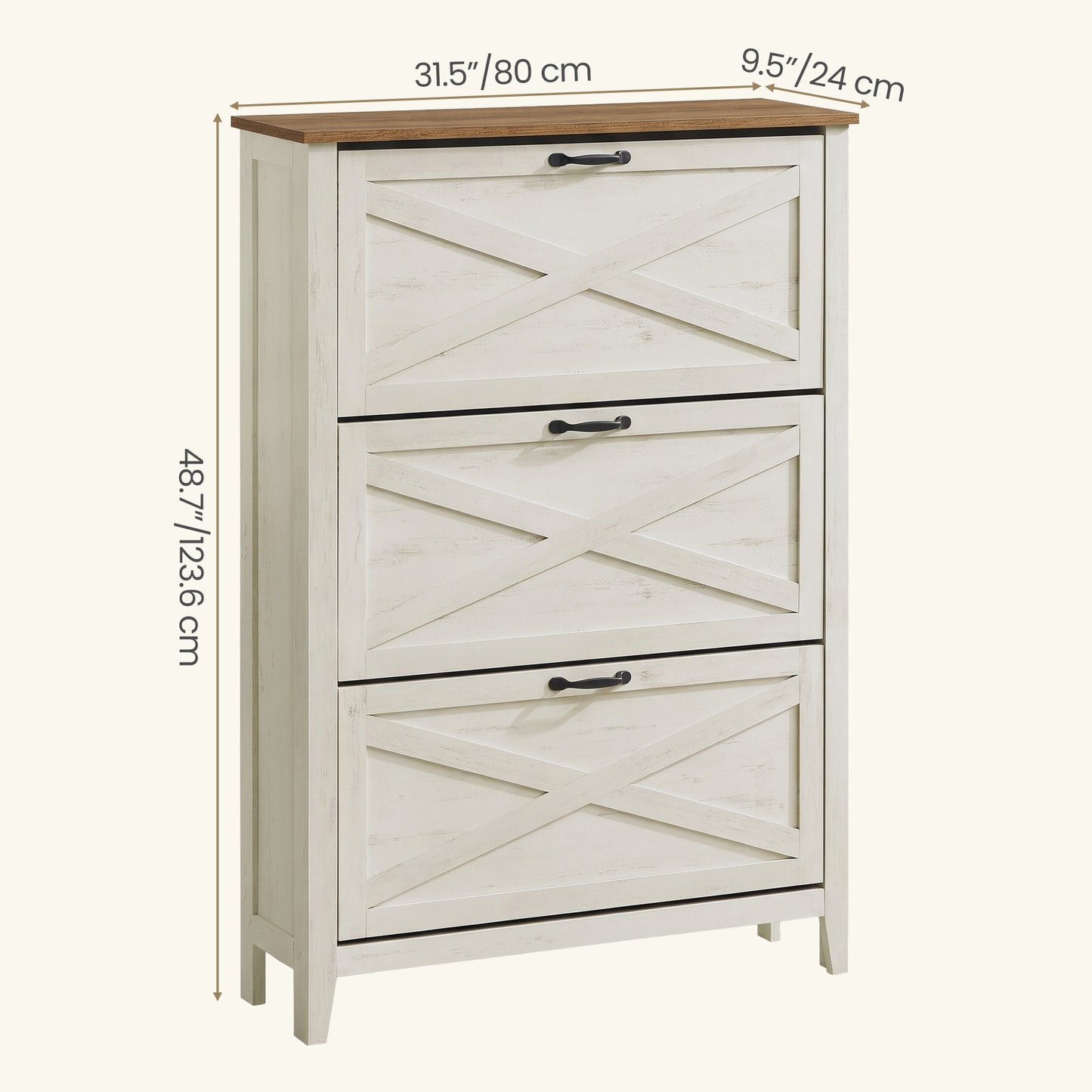 Farmhouse Shoe Storage Cabinet, Narrow Entryway Organizer with 3 Flip Drawers, Freestanding Rack Fits 18-24 Pairs, Rustic White