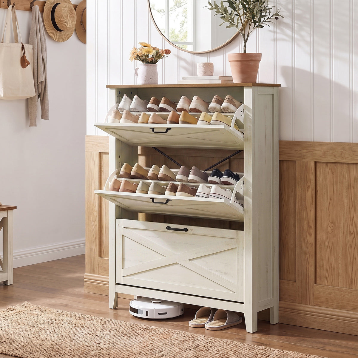 Farmhouse Shoe Storage Cabinet, Narrow Entryway Organizer with 3 Flip Drawers, Freestanding Rack Fits 18-24 Pairs, Rustic White