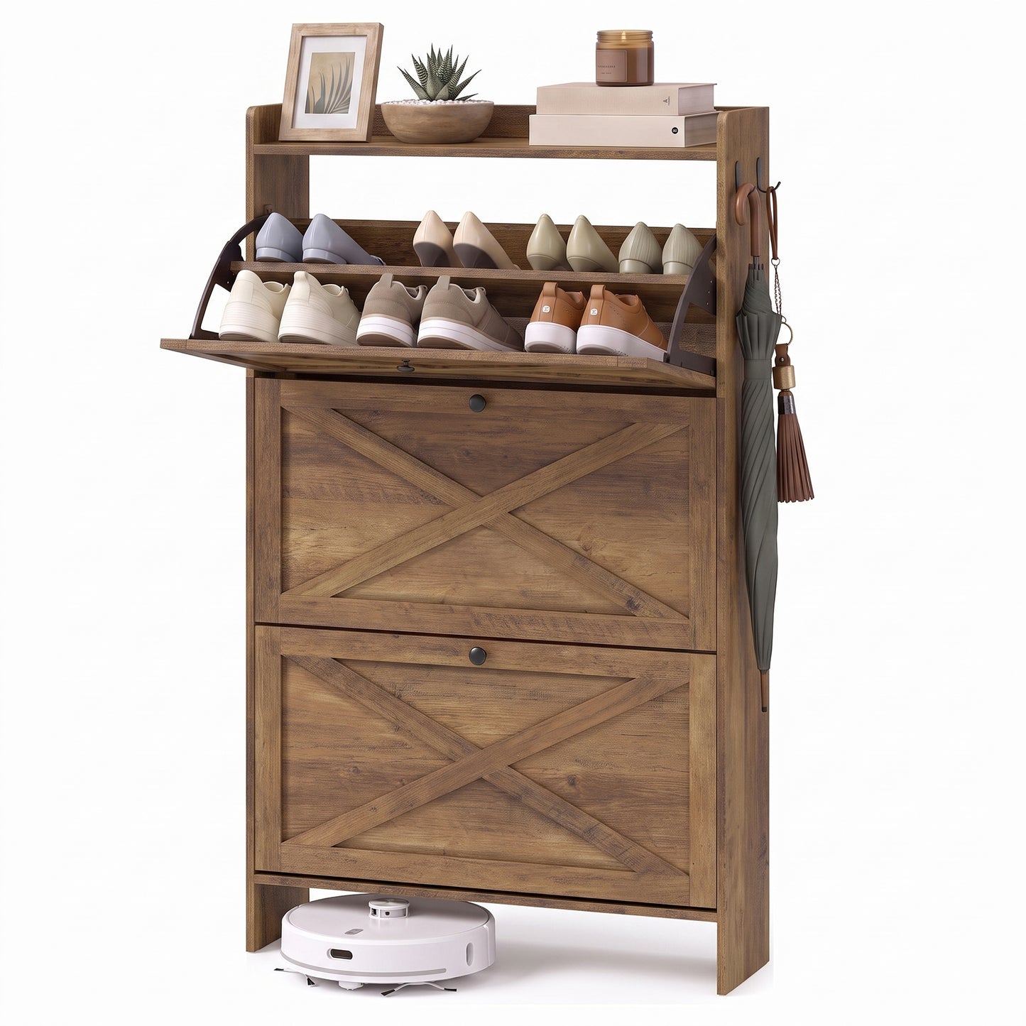 Freestanding Narrow Shoe Rack Cabinet, Shoe Storage Cabinet Organizer with 3 Flip Drawers, Fits 14 to 16 Pairs, Tan