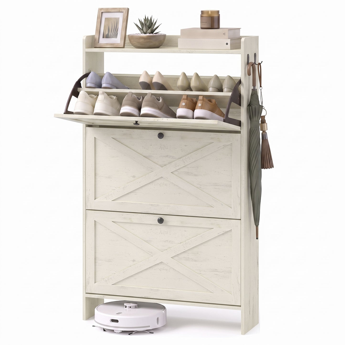 3-Door Shoe Cabinet with Flip Drawers, Freestanding Shoe Storage Cabinet for Entryway, Space-Saving X-Design Shoe Organizer for Hallway, Living Room, Closet, White