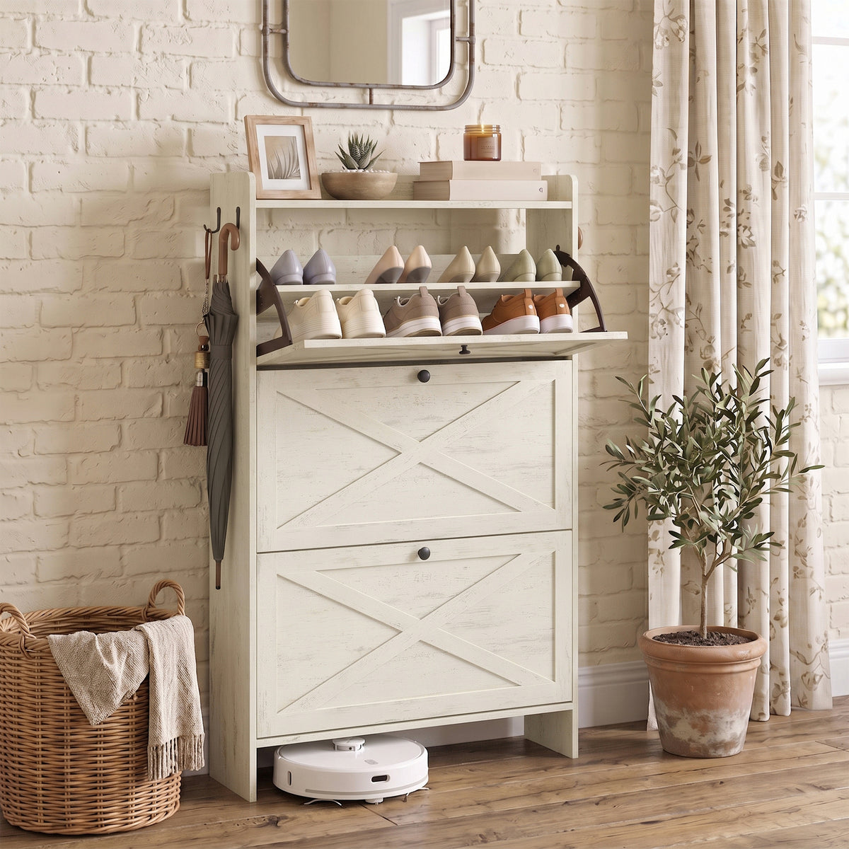 3-Door Shoe Cabinet with Flip Drawers, Freestanding Shoe Storage Cabinet for Entryway, Space-Saving X-Design Shoe Organizer for Hallway, Living Room, Closet, White